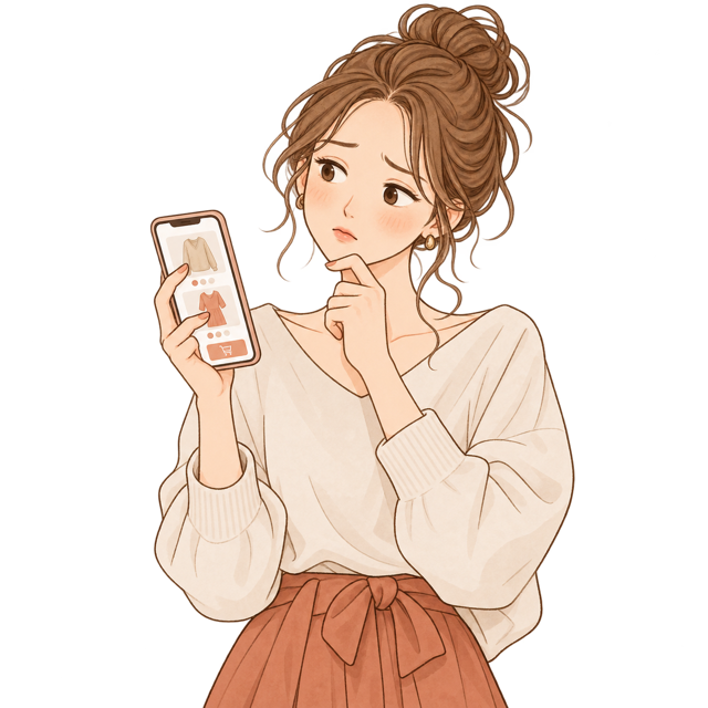 スマートフォンの買い物画面を見て迷う女性